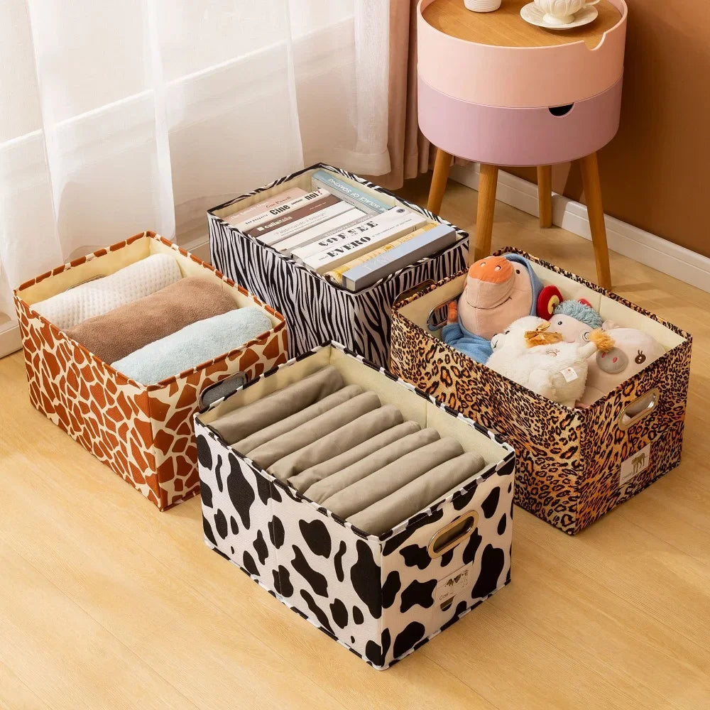 1PC Cotton and linen uncovered drawer style storage box, black and white cow printed clothing storage box