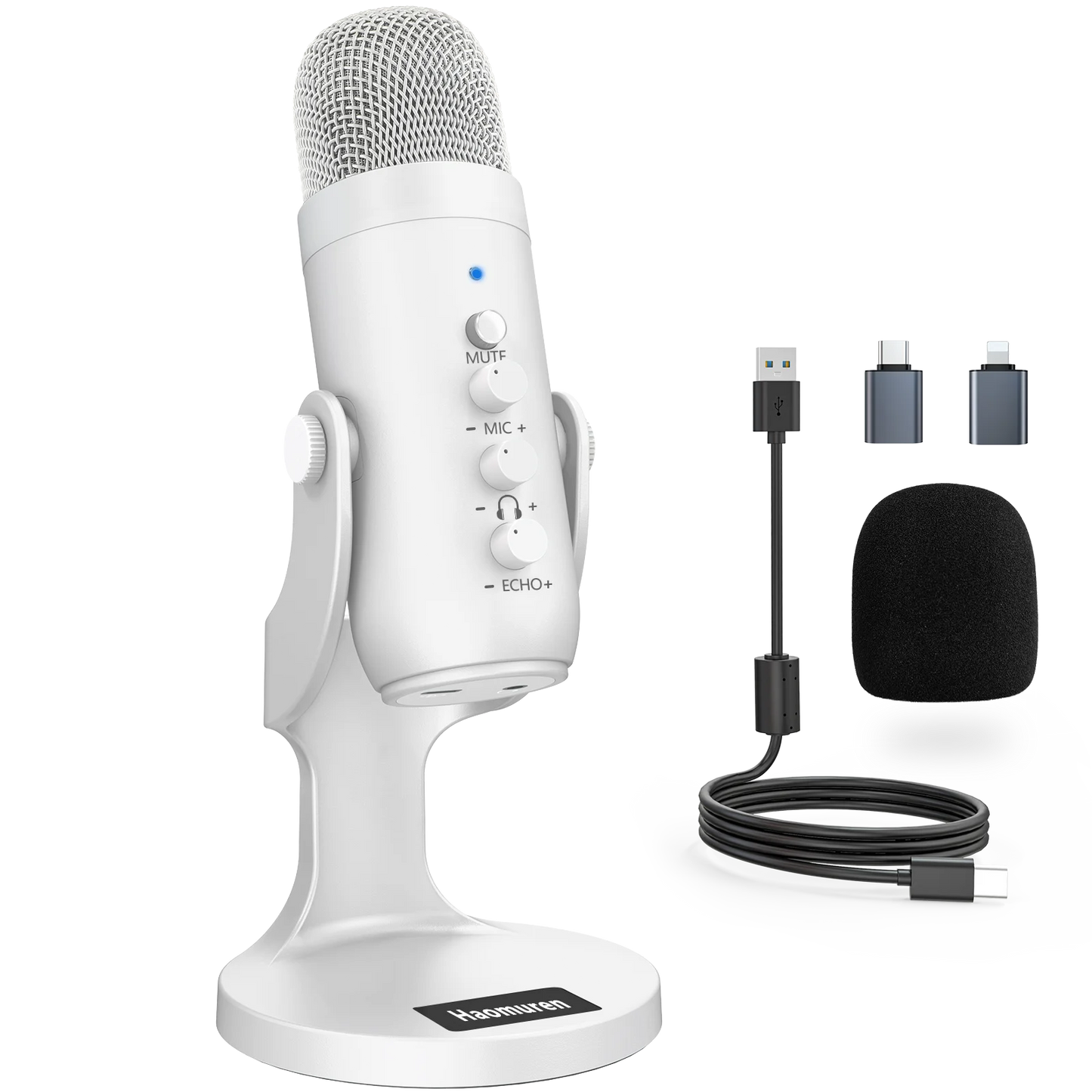 Haomuren Professional White USB Condenser Microphone Studio Recording Mic for PC Computer Phone Gaming Streaming Podcast Youtube