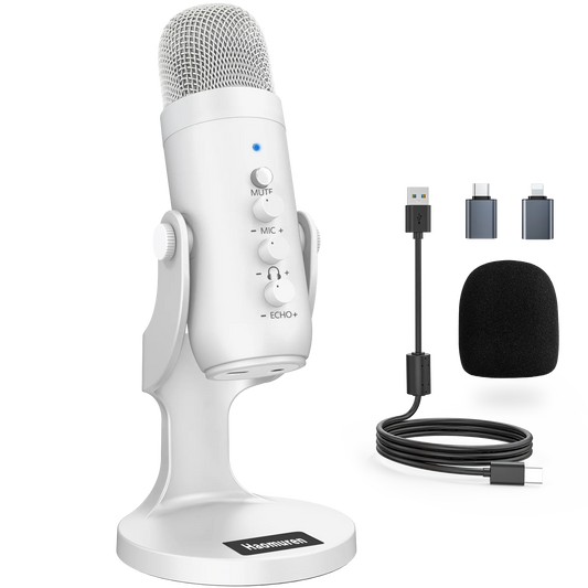 Haomuren Professional White USB Condenser Microphone Studio Recording Mic for PC Computer Phone Gaming Streaming Podcast Youtube