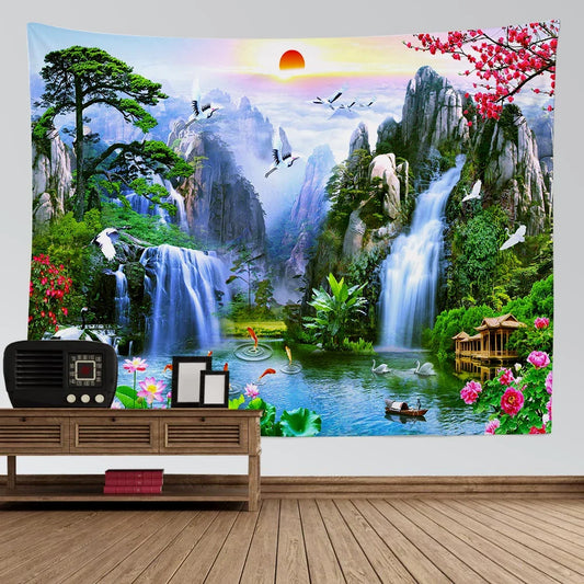 Natural scenery tapestry room aesthetic decoration mountain waterfall bird sunset flower wall hanging home decoration