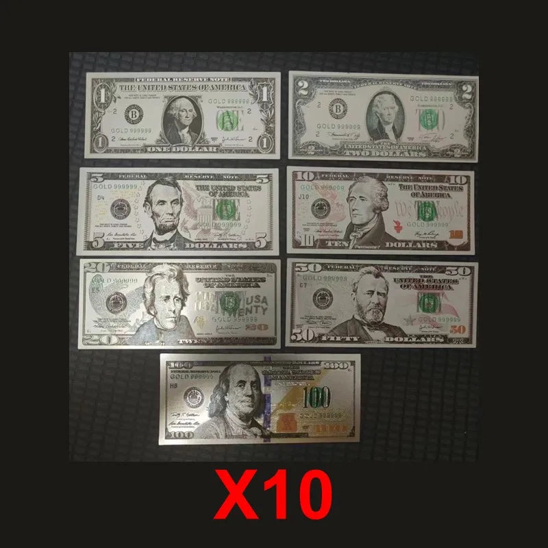 7pcs Silver Dollars Banknotes Plastic Commemorative Notes Dollar Bills Fake Money 1 2 5 10 20 50 100 Dollars