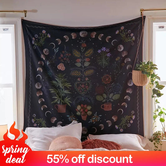 Moon Phase Tapestry Wall Hanging Botanical Celestial Floral Wall Tapestry Hippie Flower Wall Carpets Dorm Decor Starry SkyCarpet