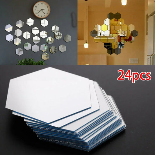 24pcs Hexagon Mirror Sticker 3D Mirror Acrylic Wall Stickers Self Adhesive Decals DIY Bedroom Living Room Bathroom Home Decor