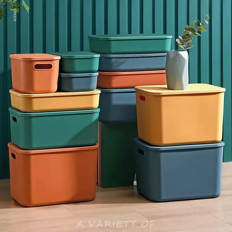 1/2 Pcs Plastic Storage Bins, Stackable Baskets with Lid and Handle,Colorful Desktop Box Cubby Containers