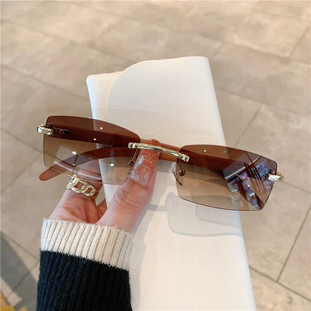 Rimless Sunglasses For Men Women Wooden Pattern Luxury Brand Retro Sun Glasses Fashion Shades UV400 Travel Outdoor