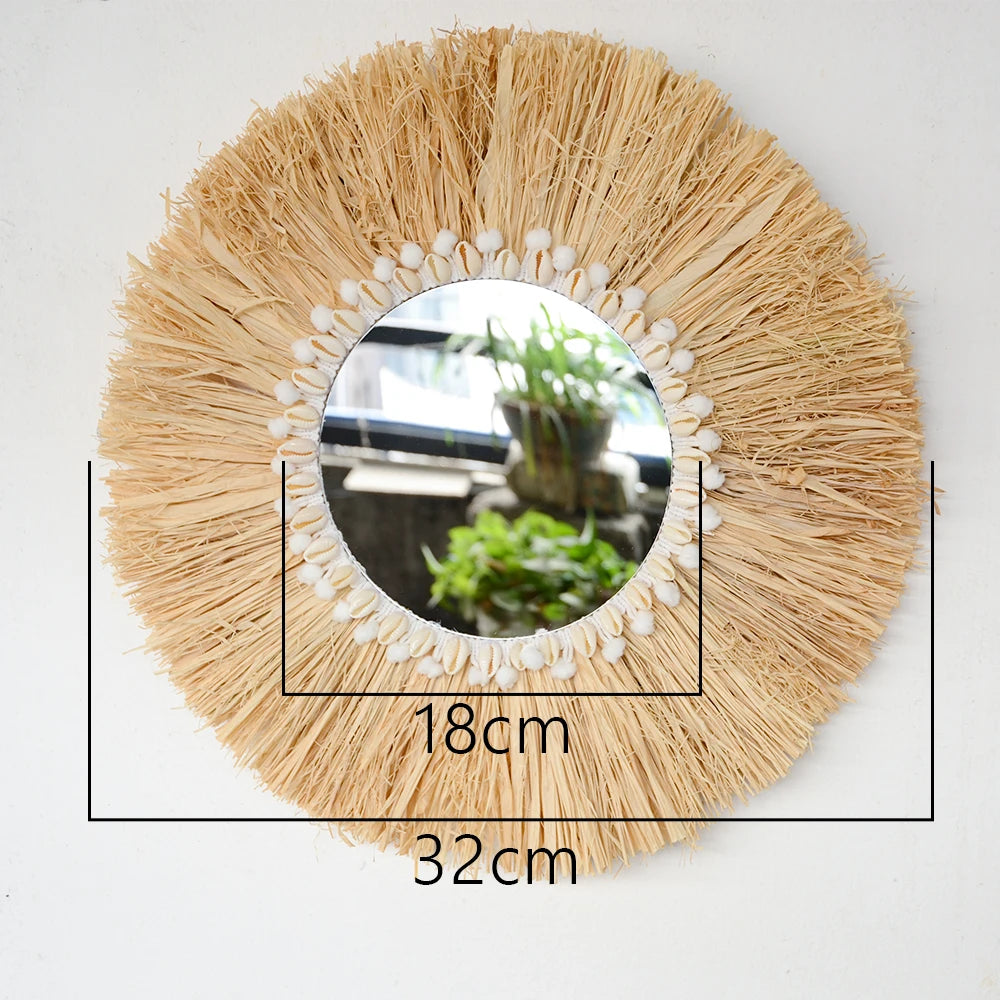 Boho Decor Mirror Nordica Straw Woven Romantic Wedding Wall Acrylic Mirror Wall Decoration Macrame Decotativos Espejo Bedroom