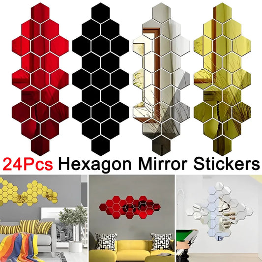 24/6PCS DIY 3D Mirror Wall Sticker Hexagon Home Decor Mirror Decor Stickers Art Wall Bedroom Decoration Self-adhesive Stickers