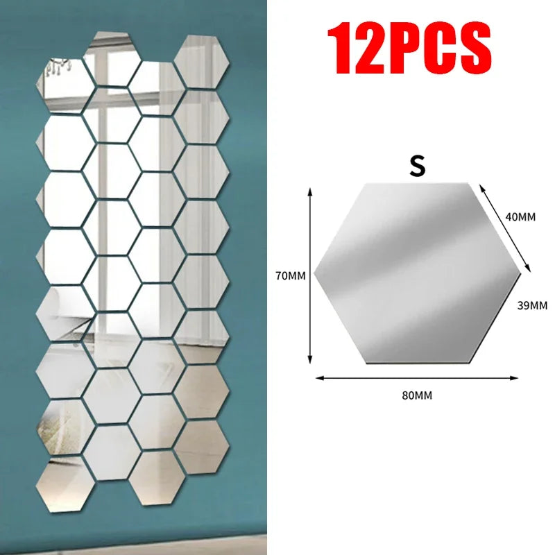 24/6pcs 3D Mirror Wall Sticker Hexagon Acrylic Self Adhesive Mirror Stickers Art Wall Decals Mosaic Tiles DIY Home Bedroom Decor