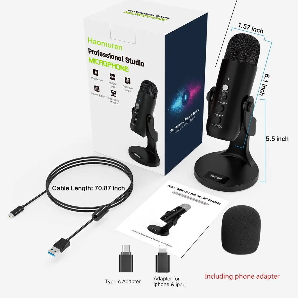 Haomuren USB Microphone for PC Mac Gaming Recording Streaming Podcast,Computer Condenser Mic with Phone Adapter Headphone Output