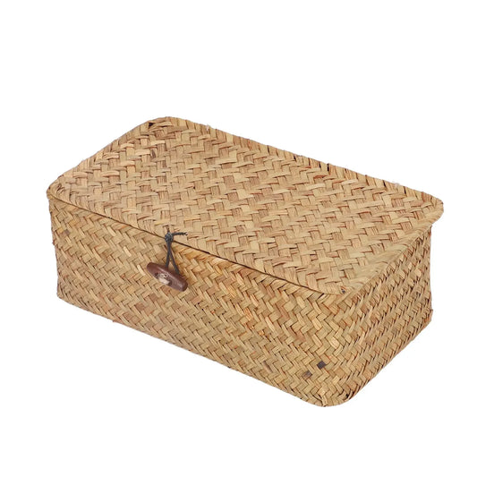 Storage Shelf Basket with Lid Rectangular Handmade Seagrass Rattan Woven Makeup Organizer Multipurpose Container Natural Box for