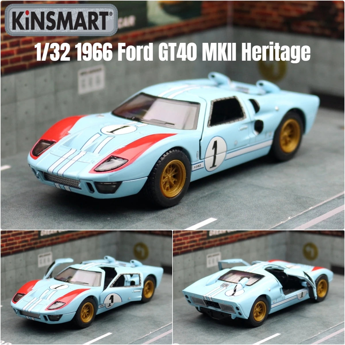 KiNSMART Toy Car Model 1/32 1966 Ford GT40 MKII Racing Rally Alloy Diecast Miniature Vehicle Collection Gift For Children Boy