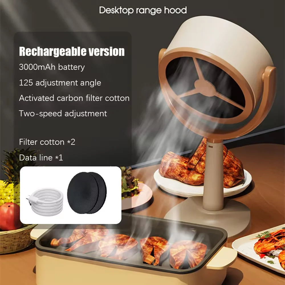 Mini Kitchen Portable Desktop Range Hood Large Suction Rechargeable Exhaust Fan Adjustable Angle USB Plug Indoor BBQ Hotpot Use