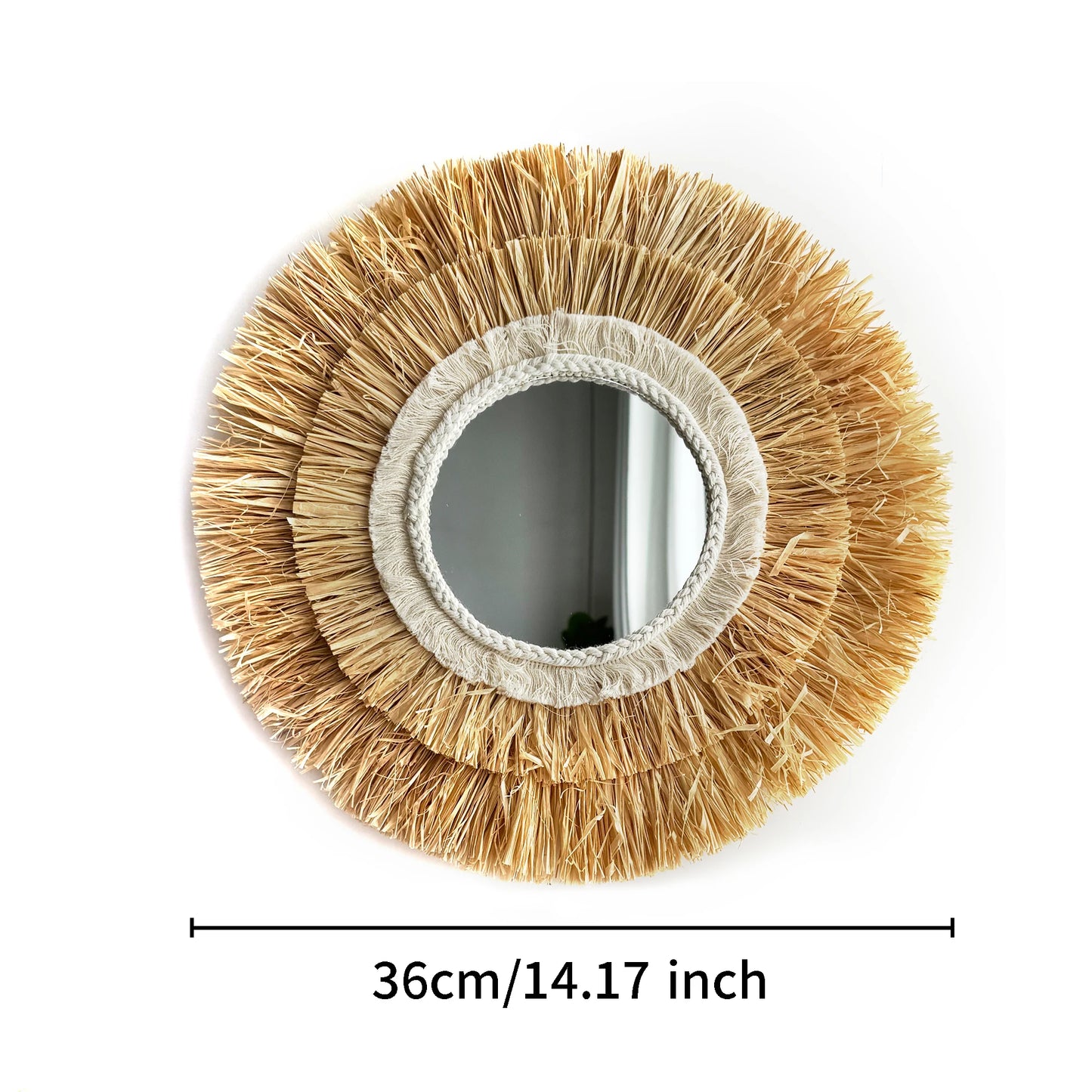 Round Hanging Wall Mirror Decorative Two-tier Raffia Circle Wall Mounted Mirror for Farmhouse Living Room Bedroom Bathroom