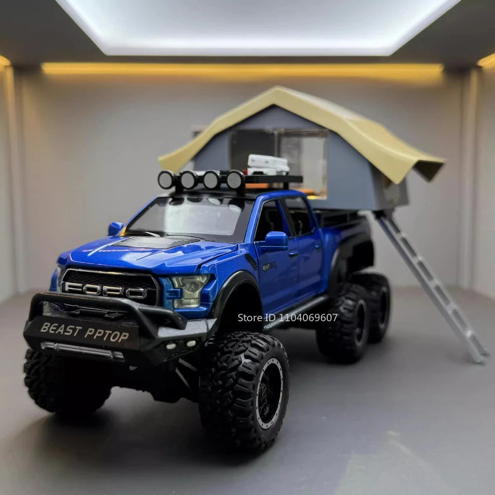 1:24 Raptor F150 Toy Car Models Alloy Diecast Camping RV Pull Back Sound Light 5 Doors Opened Ornament Vehicle Presents for Kids