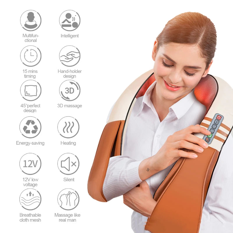 JinKaiRui Electrical U Shape Shiatsu Back Neck Shoulder Body Massage Shawl Infrared Heated Kneading Car Home Device Pain Relief