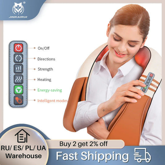 JinKaiRui Electrical U Shape Shiatsu Back Neck Shoulder Body Massage Shawl Infrared Heated Kneading Car Home Device Pain Relief